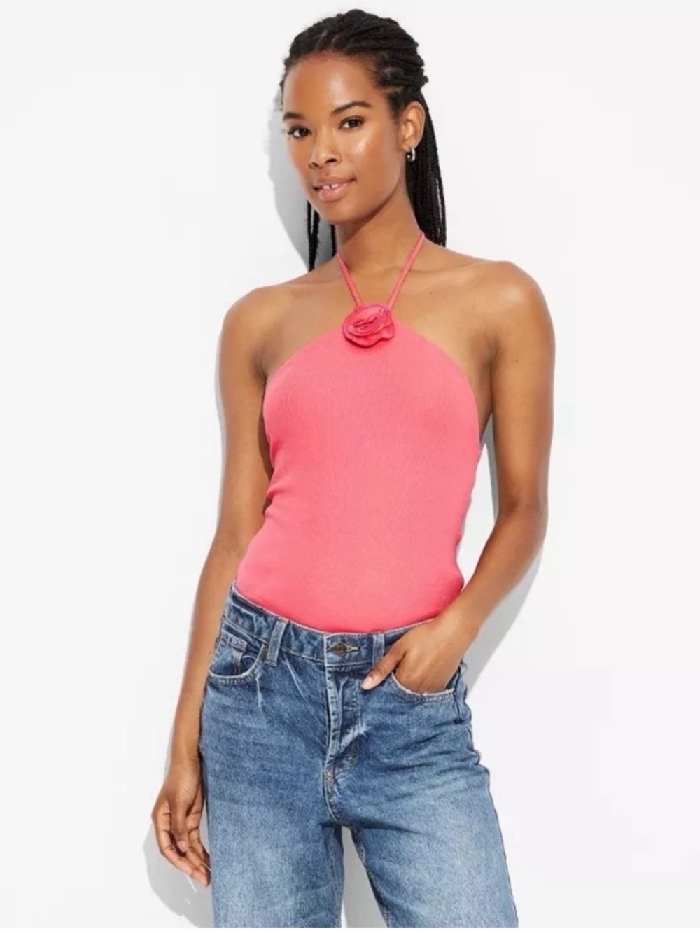 wild fable Coral Halter Rose-Trim Ribbed Bodysuit
